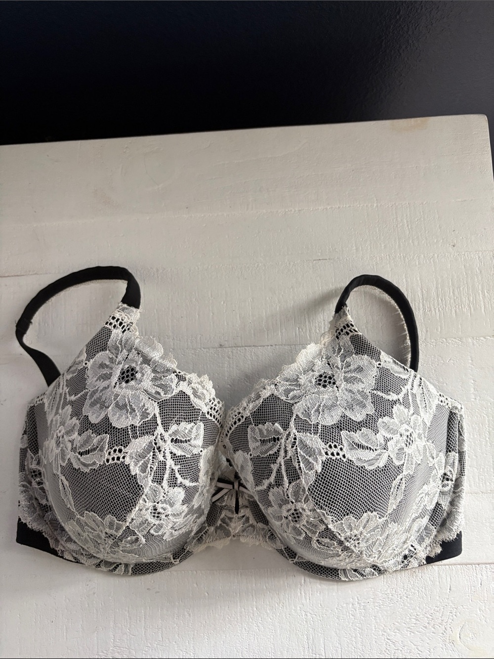 Victoria's Secret Black Bra with White Floral Lace Overlay